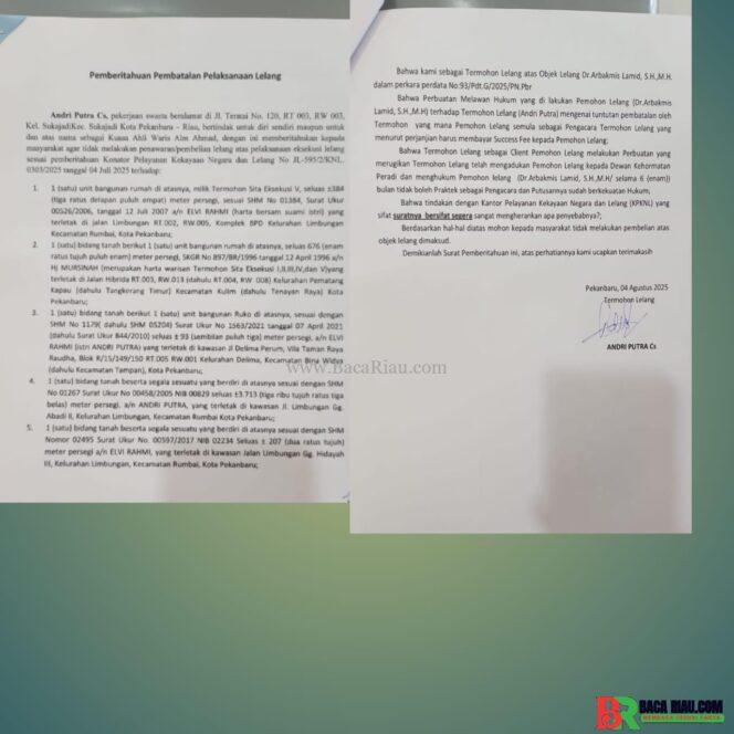 
					H.Andri Putra S.Si Cs Ajukan Pemberitahuan Pembatalan Pelaksanaan Lelang ke KPKNL, Ini Alasannya!
