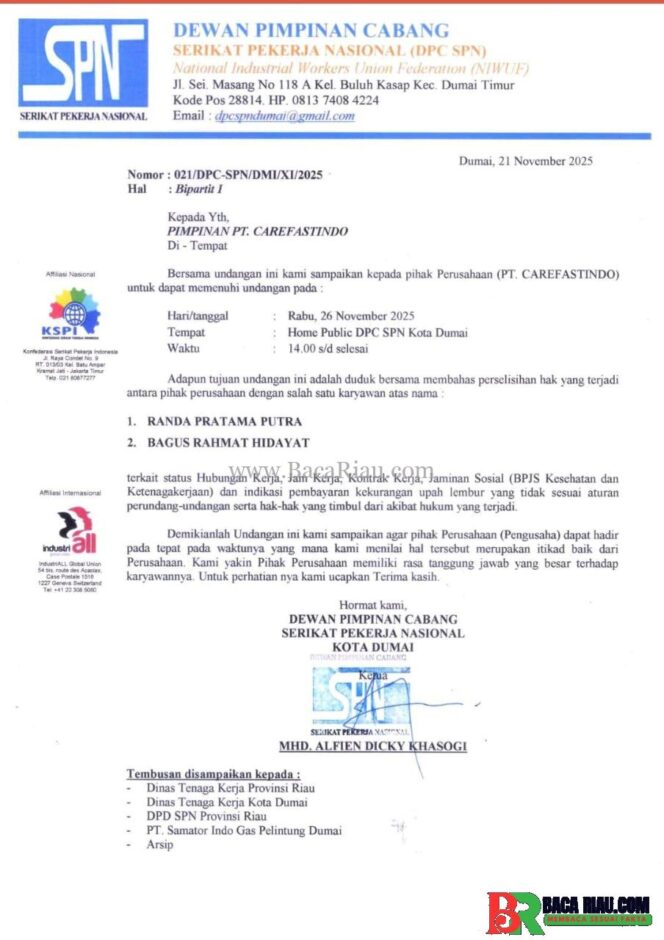 
					SPN Dumai Soroti Ketidakhadiran Perusahaan dalam Bipartit Pertama Terkait Hak Dua Pekerja