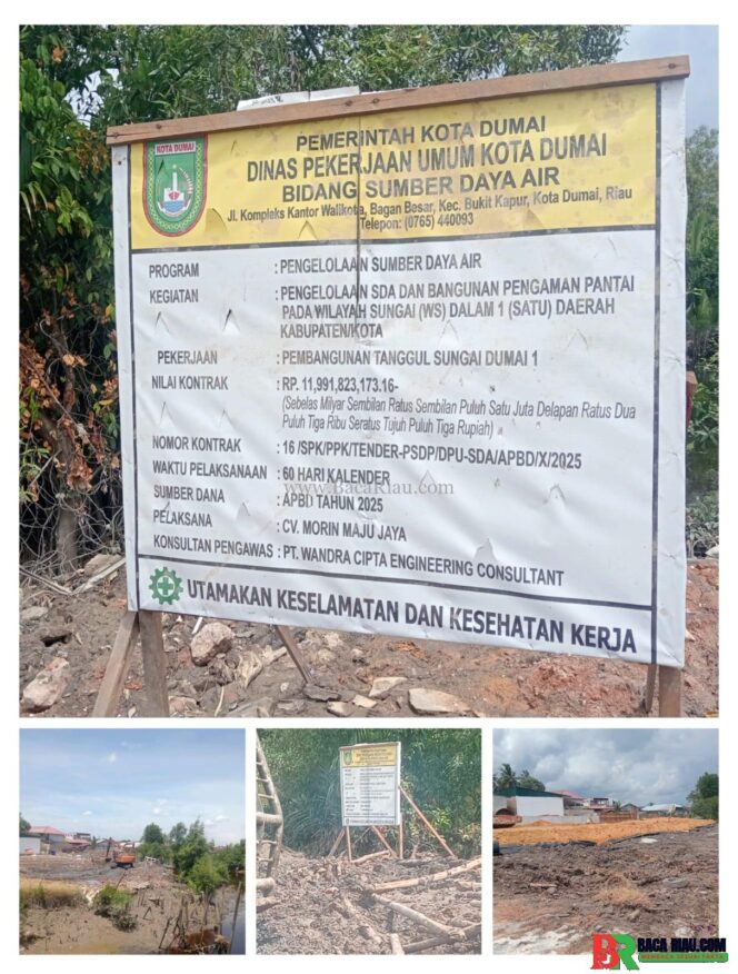 
					Dinas PU .PR. Kota Dumai realisasi program pengelolaan SDA dan WS bangun tanggul sungai Dumai serap APBD Ta .2025 Rp.11.9 milyar
