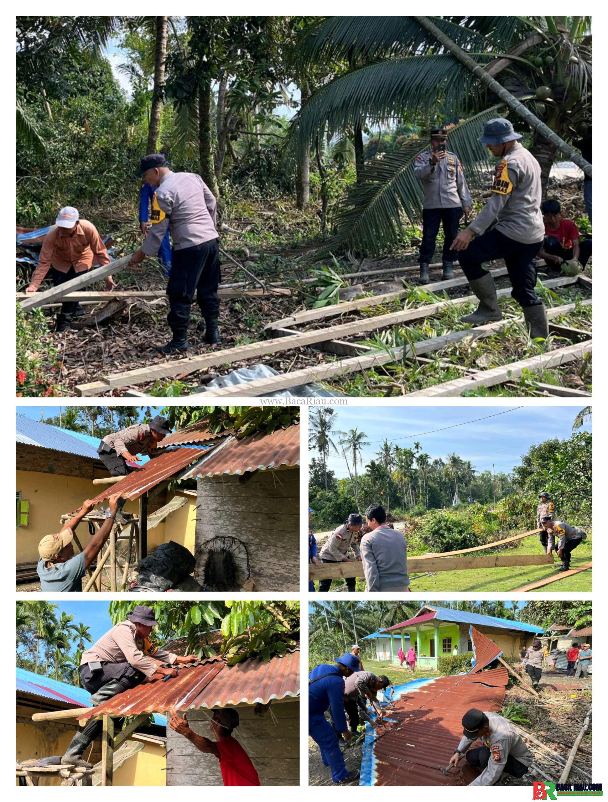 Polsek Rupat Utara Gelar Gotong Royong Perbaikan Lima Rumah Warga Terdampak Puting Beliung di Desa Titi Akar