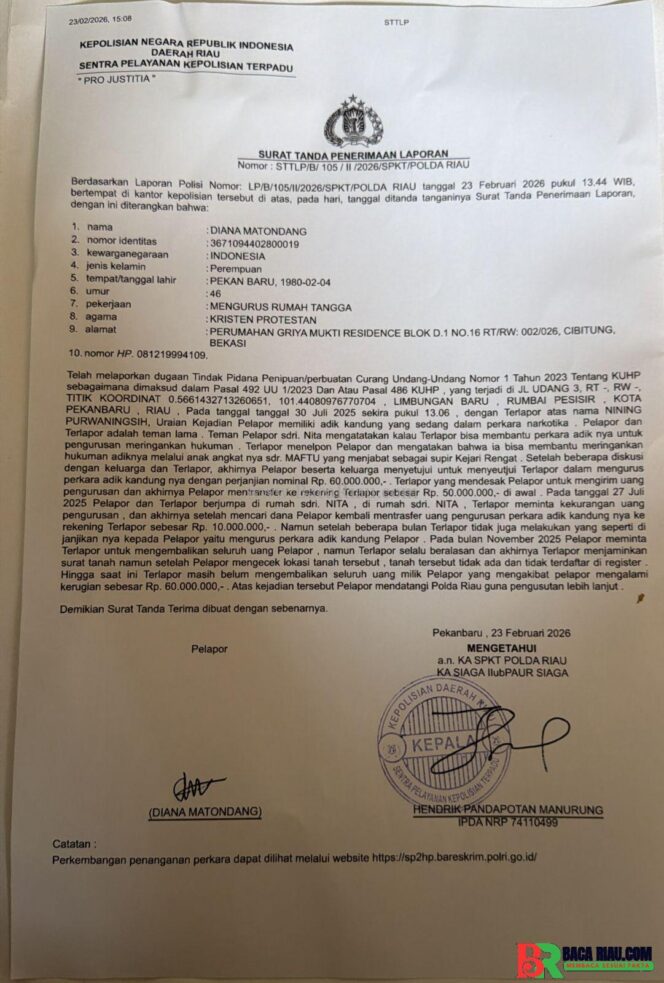 
					Diana Korban Dugaan Penipuan Melapor Ke Polda Riau 