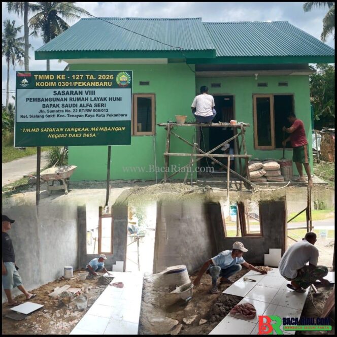 
					Progres 87 Persen, Pembangunan RTLH Bapak Saudi Alfa Seri oleh Kodim 0301/Pekanbaru Masuki Tahap Pemasangan Keramik