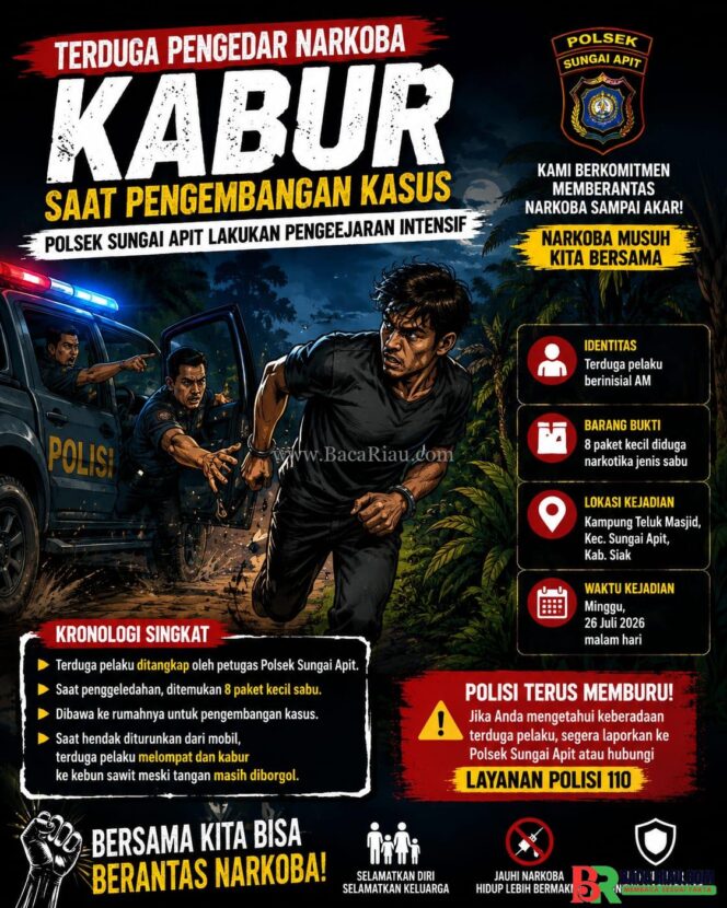 
					Kabur Saat Proses Pengembangan, Polisi Terus Buru Terduga Pengedar Narkoba di Siak